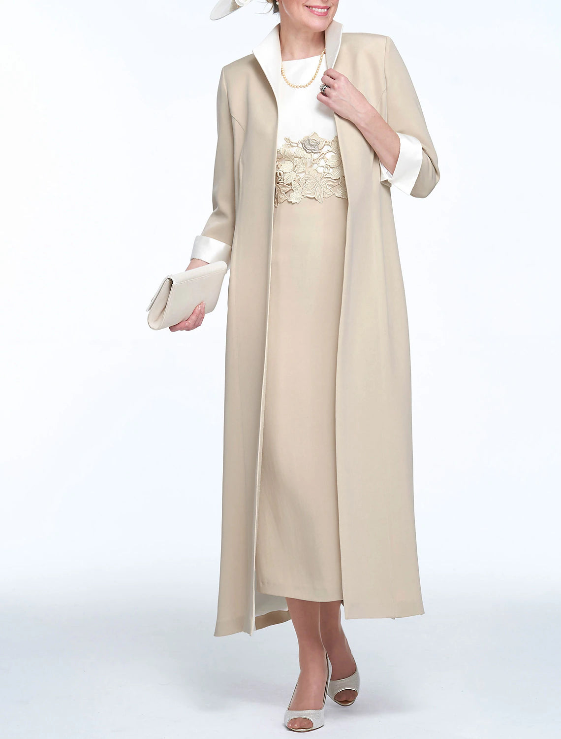 Sheath / Column Church Elegant Jewel Neck Two Pieces Wedding Guest Ankle Length Stretch Fabric Sleeveless Mother of the Bride Dress with Appliques