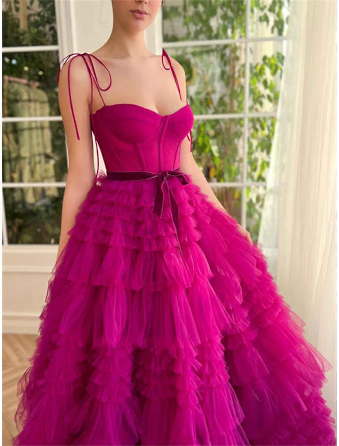 Ball Gown Evening Gown Wedding Party Birthday Floor Length Sleeveless Spaghetti Strap Tulle with Ruffles Strappy