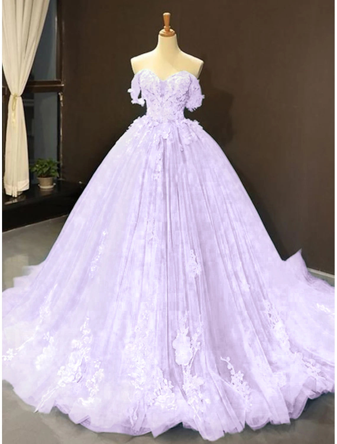 Ball Gown Prom Dresses Floral Dress Quinceanera Court Train Short Sleeve Sweetheart Lace with Pleats Appliques