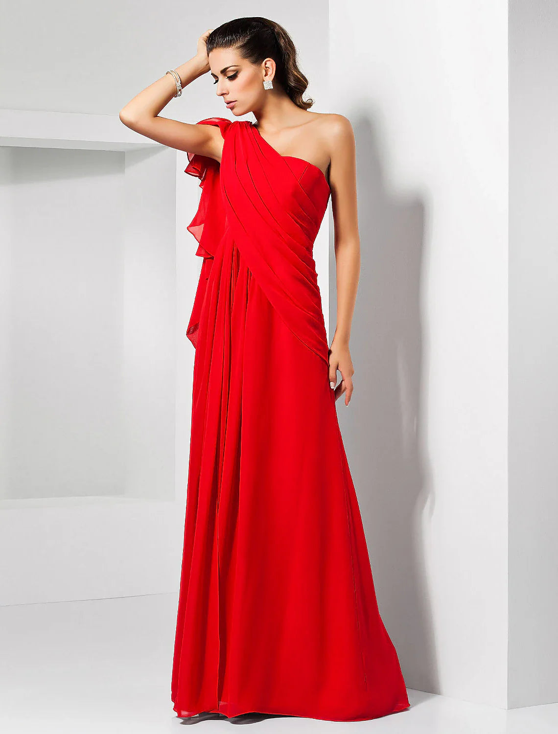 Sheath / Column Empire Wedding Guest Formal Evening Dress One Shoulder Sleeveless Floor Length Chiffon with Draping Slit