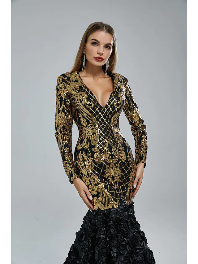 Mermaid / Trumpet Evening Gown Elegant  & Luxurious Dress Engagement Court Train Long Sleeve V Neck Sequined with Sequin