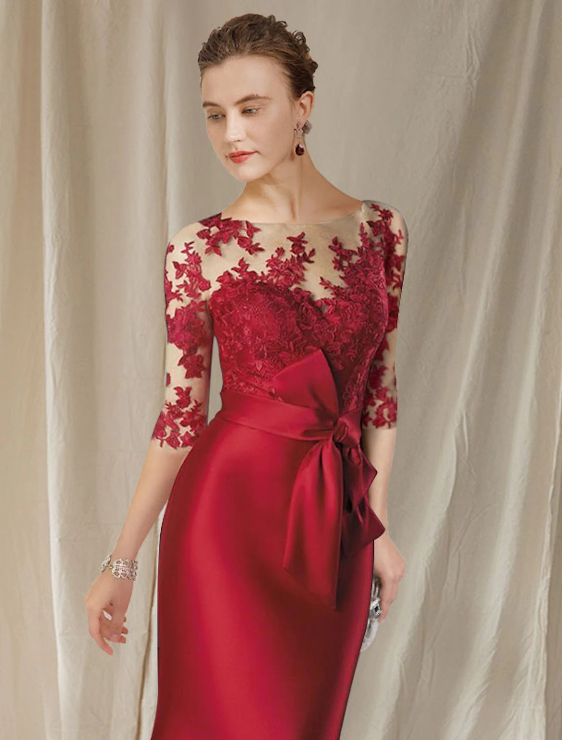 Mermaid / Trumpet Mother of the Bride Dress Elegant Plus Size Jewel Neck Floor Length Satin Lace Half Sleeve with Bow(s) Appliques