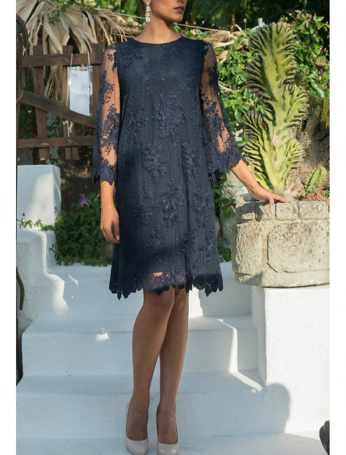 Wedding Guest Party Dress  Jewel Neck Lace Tulle 3/4 Length Sleeve Mother of the Bride Dress with Appliques