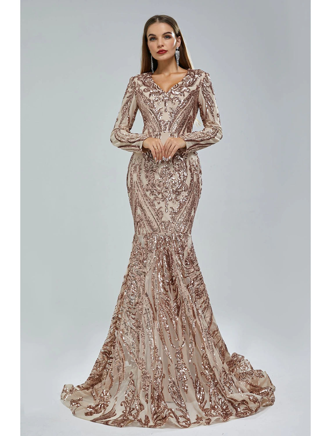 Mermaid / Trumpet Evening Gown Elegant Dress Carnival Formal Court Train Long Sleeve V Neck African American Lace with Sequin