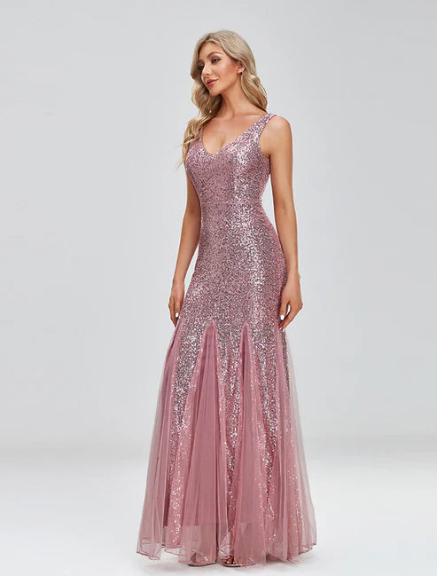 Two Piece Mermaid / Trumpet Party Dresses Sparkle & Shine Dress Prom Wedding Party Floor Length Sleeveless V Neck Capes Tulle V Back with Sequin Shawl