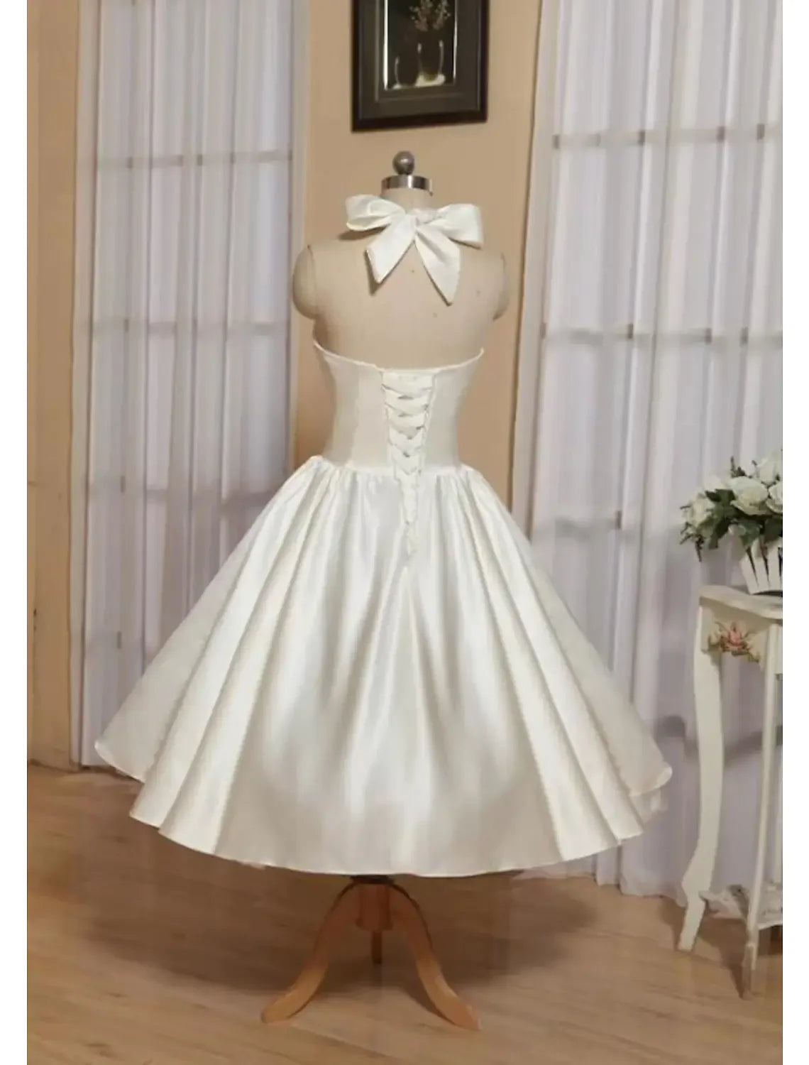 Ball Gown A-Line Cocktail Dresses Minimalist Dress Engagement Tea Length Sleeveless Halter Italy Satin with Butterfly