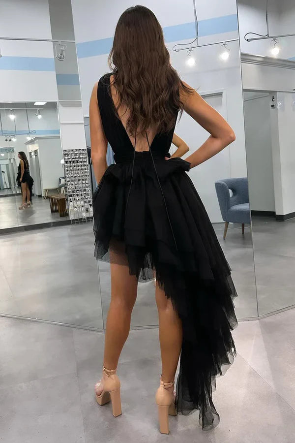 Black V Neck Irregular Hem A-Line Prom Dresses Sexy Evening Dress Party Dress