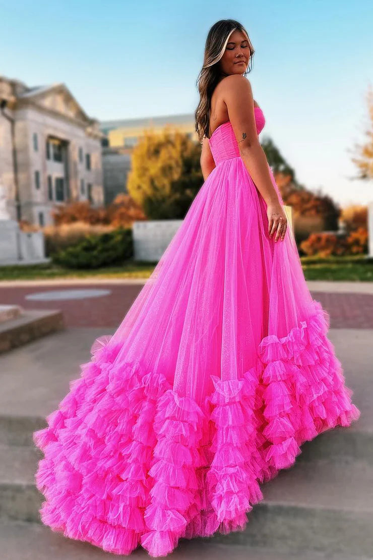 A Line Strapless Pink Tulle Tiered Prom Dress