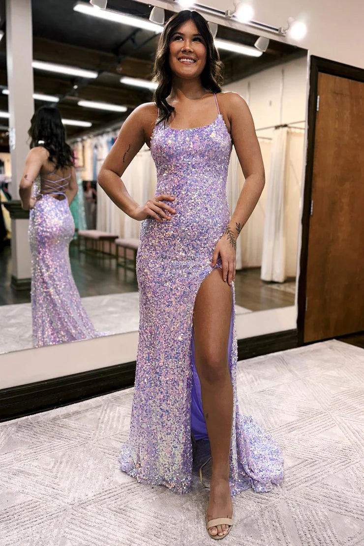 Mermaid Spaghetti Straps Scoop Neck Lavender Sequins Long Prom Dresses with Slit