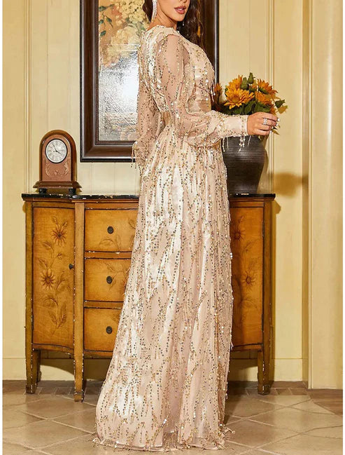 Gold Sequin Dress Prom Dress Party Dress Sparkly Dress Black Dress Black Homecoming Dress Long Dress Maxi Dress Long Sleeve Fall Winter Deep V Modern Winter Dress Fall Dress