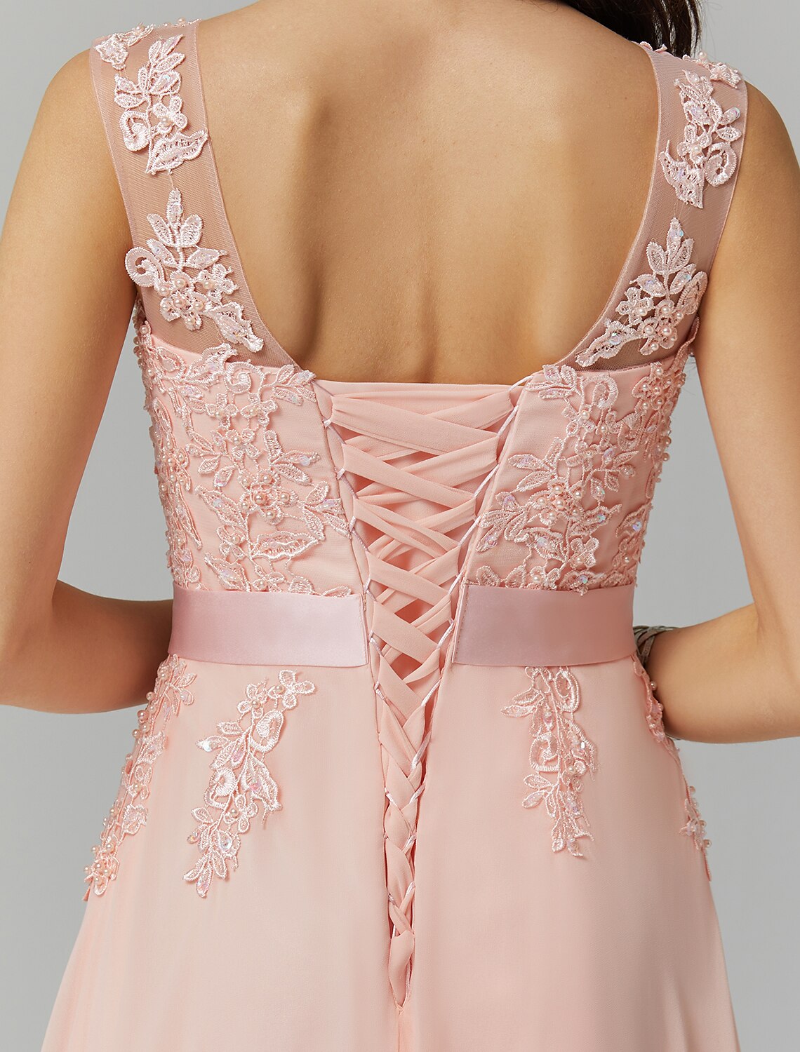 A-Line Evening Gown Elegant Dress Wedding Guest Prom Floor Length Sleeveless Illusion Neck Bridesmaid Dress Georgette with Appliques