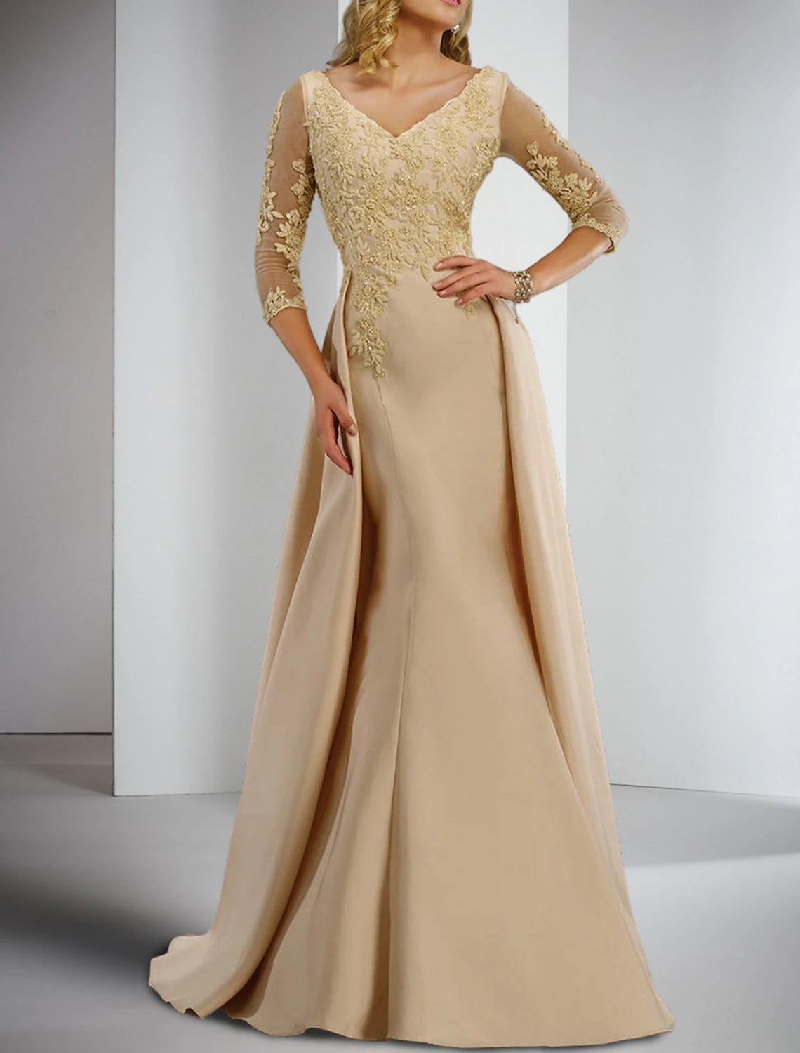 Mother of the Bride Dress Formal Wedding Guest V Neck Floor Length Satin Lace 3/4 Length Sleeve with Appliques