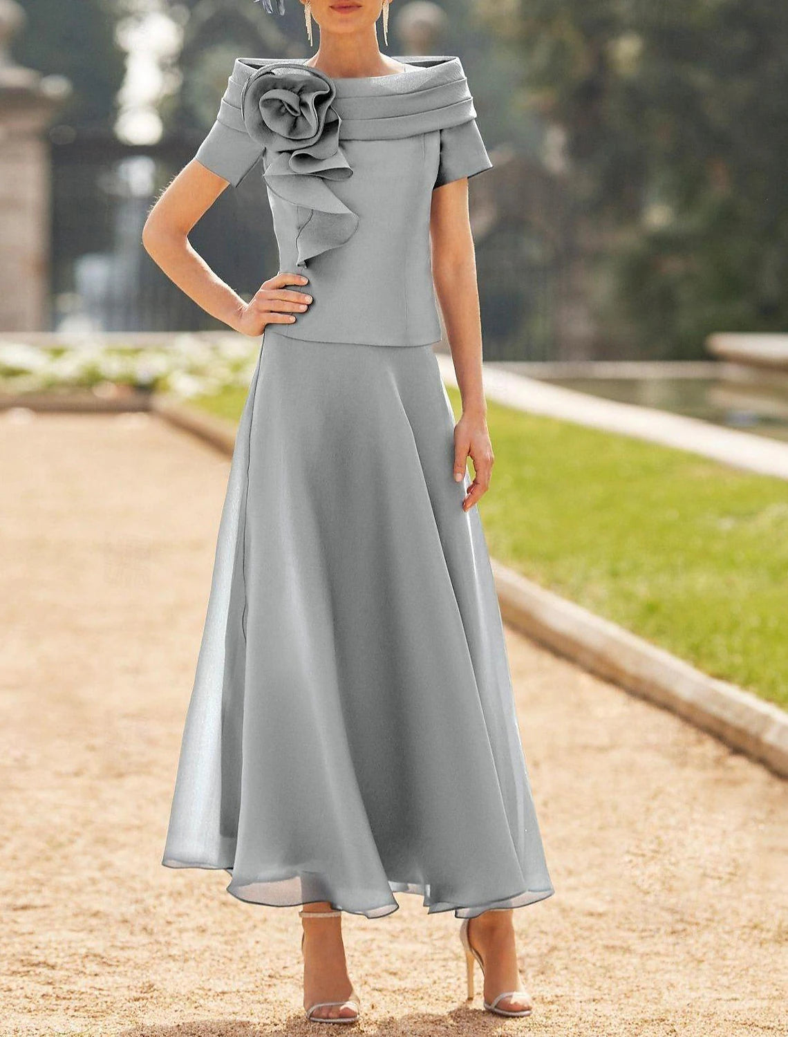 A-Line Petite Off Shoulder Wedding Guest Dress Ankle Length Organza Short Sleeve Mother of the Bride Dress with Ruffles Flower