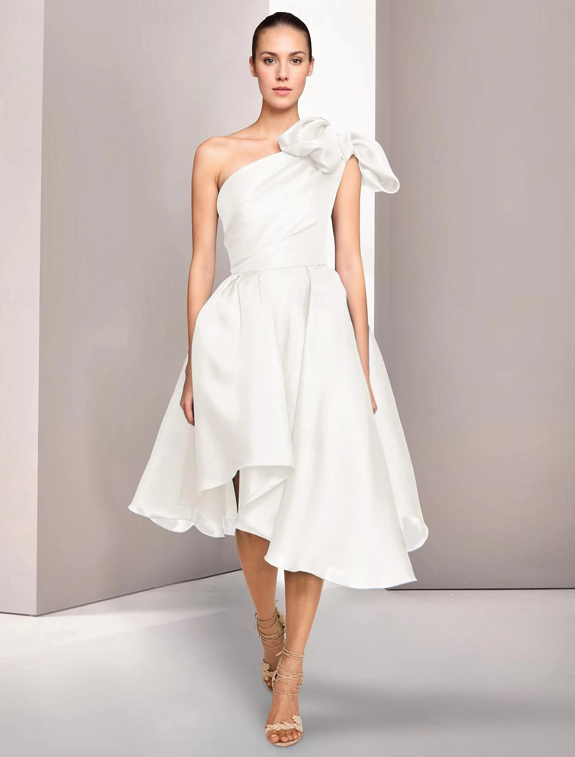 A-Line Cocktail Dresses Formal Wedding Tea Length Sleeveless One Shoulder Satin
