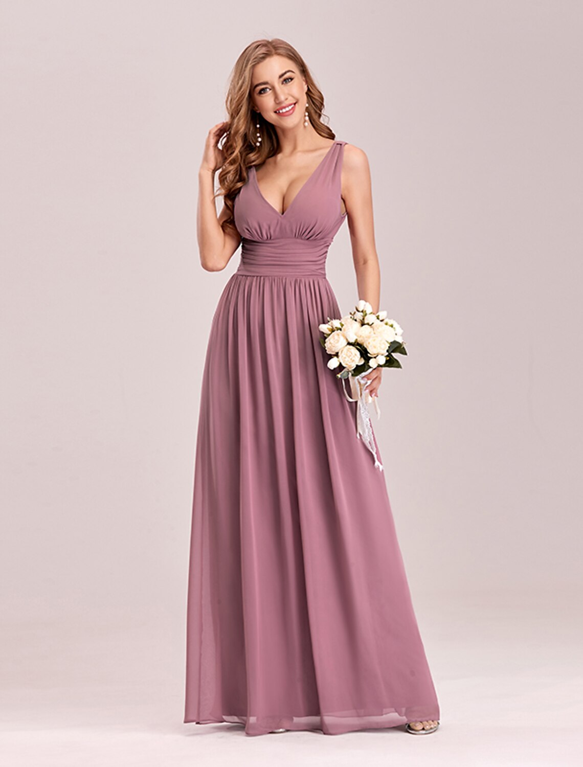 A-Line Plus Size Wedding Guest Formal Evening Dress V Neck V Back Sleeveless Floor Length Chiffon with Pleats