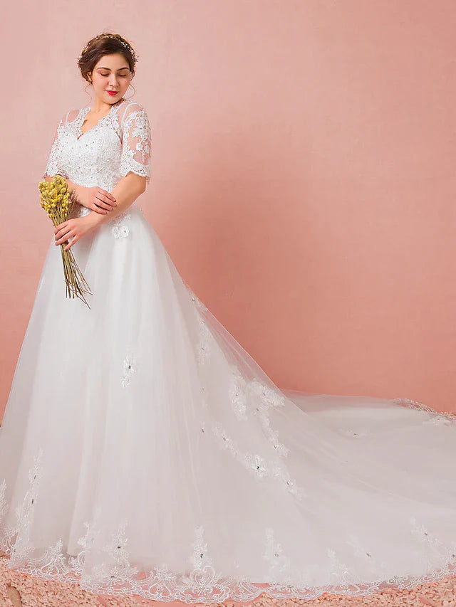 Hall Wedding Dresses Cathedral Train A-Line Half Sleeve V Neck Satin With Lace Crystals