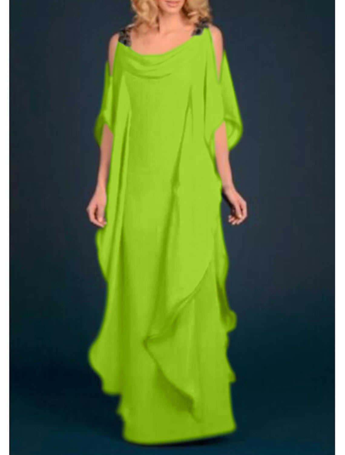 Plus Size Scoop Neck Floor Length Wedding Guest Party Dress Chiffon Half Sleeve Mother of the Bride Dress with Appliques