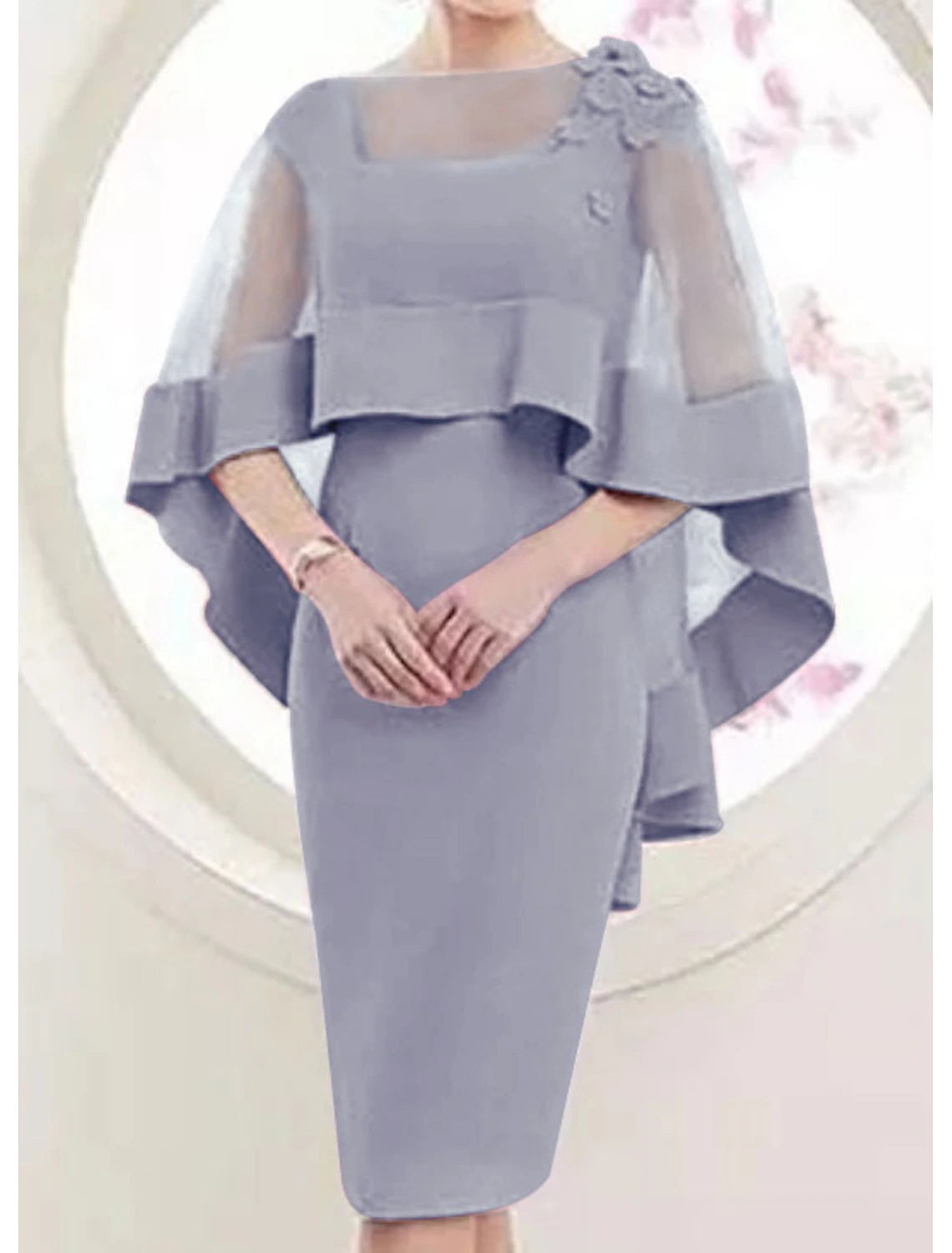 A Line  Square Neck Knee Length Wedding Guest Party Dress Satin Tulle 3/4 Length Sleeve Mother of the Bride Dress  with Appliques