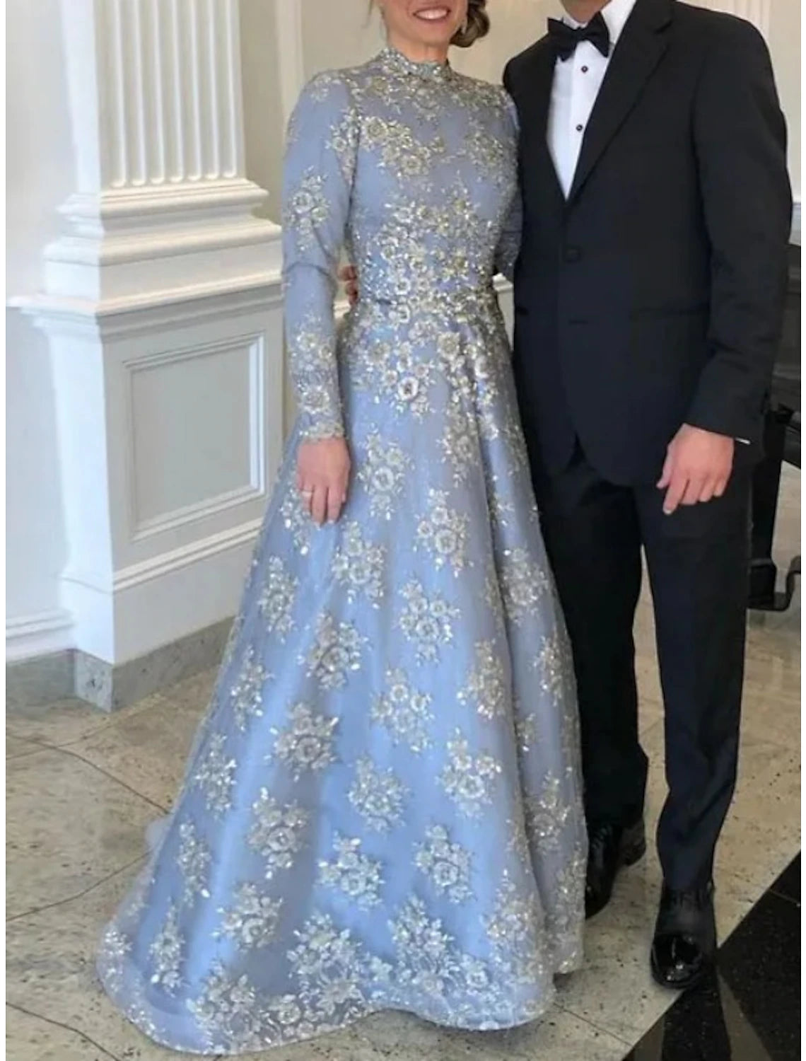 A-Line Sleek Glitter Sparking High Neck Floor Length Wedding Guest  Party Dress  Tulle Lace Long Sleeve Mother of the Bride Dress with Lace Sequin