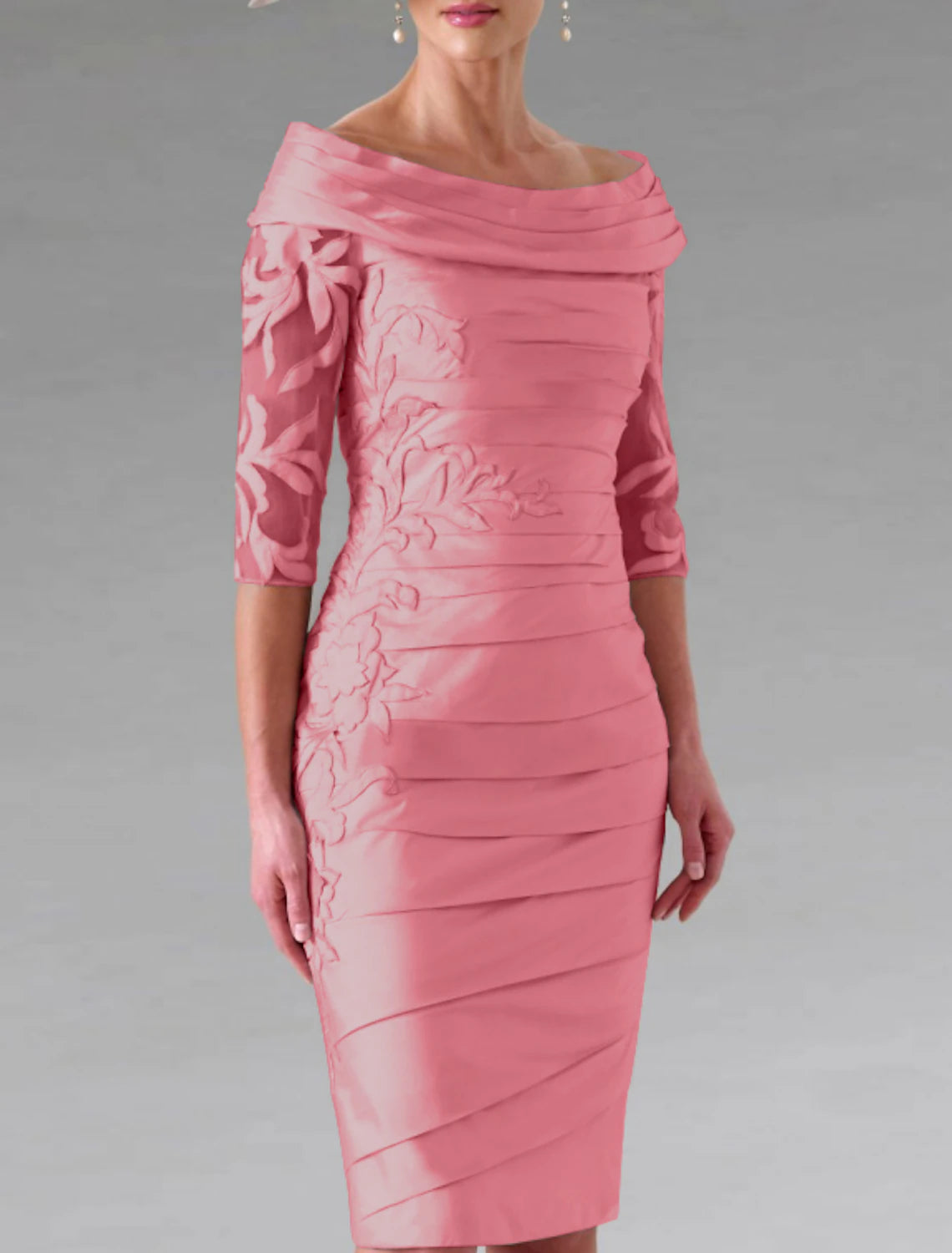 Wedding Guest Dress  Off Shoulder Knee Length Taffeta Half Sleeve Mother of the Bride Dress with Appliques Ruching