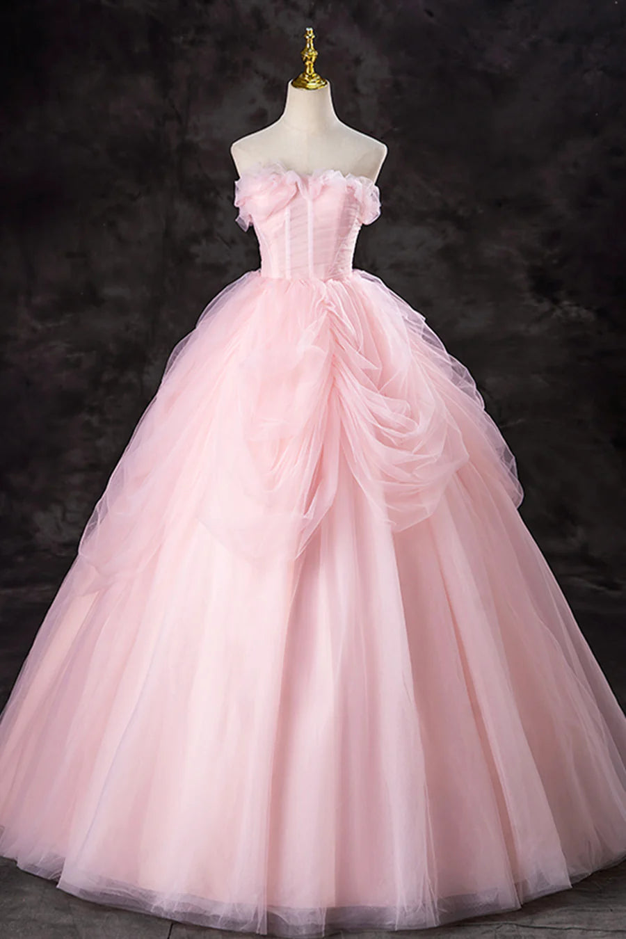 A-Line Quinceanera Dresses Strapless Pink Tulle Long Formal Gown Sweet 16 Princess Dress