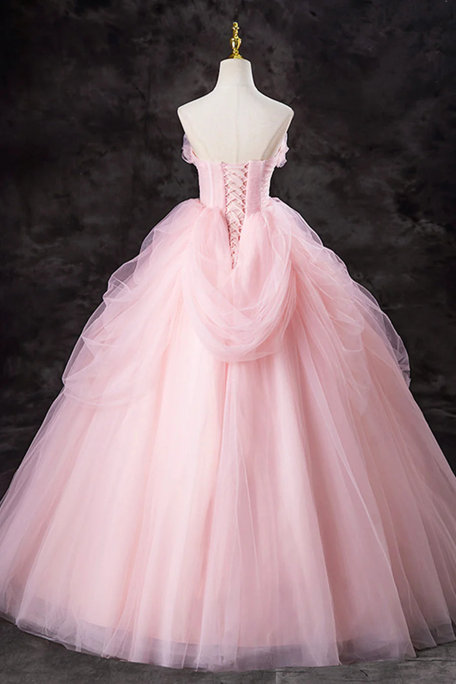 A-Line Quinceanera Dresses Strapless Pink Tulle Long Formal Gown Sweet 16 Princess Dress