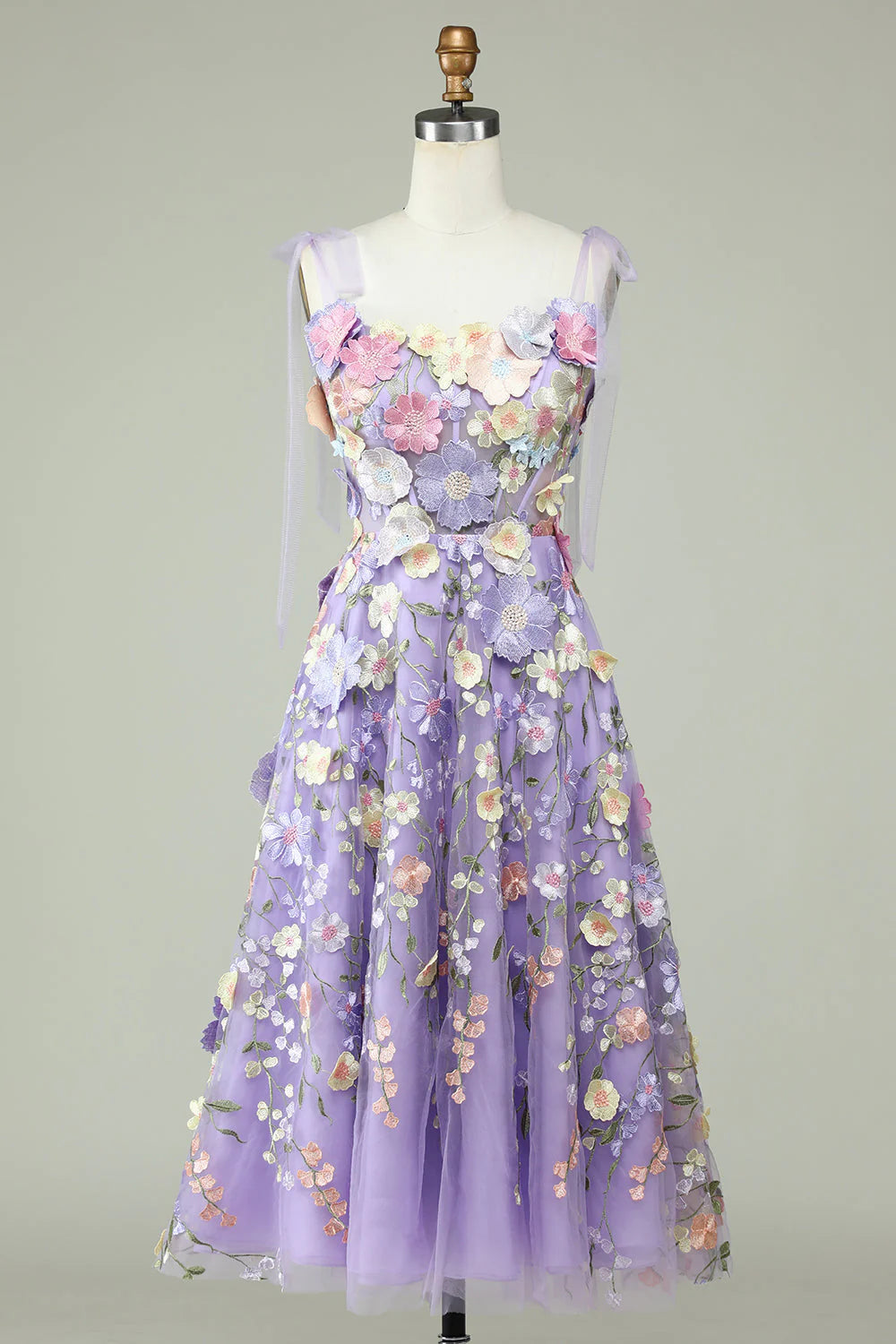A Line Sweetheart Spaghetti Straps Blue/Purple Tea Length Prom Dress with 3D Flowers