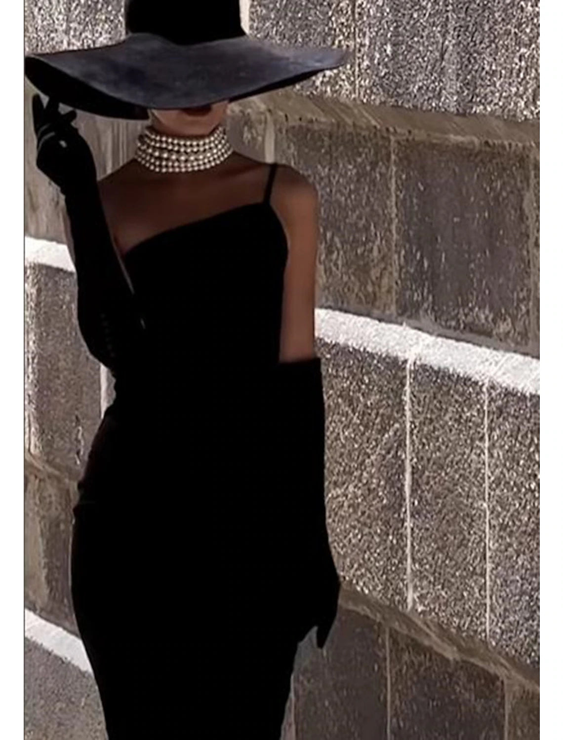 Sheath / Column Cocktail Black Dress Vintage Dress Halloween Party Wear Tea Length Sleeveless One Shoulder No With Gloves