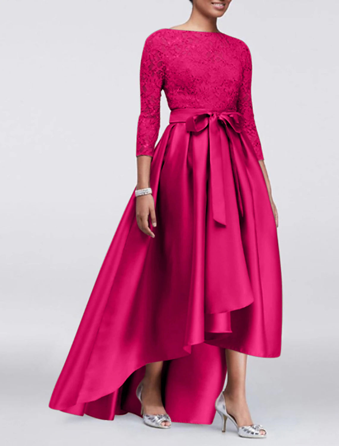 A-Line Wedding Guest Dress Plus Size Satin Lace 3/4 Length Sleeve Mother of the Bride Dress High Low Jewel Neck Asymmetrical Dress  with Sash / Ribbon Appliques