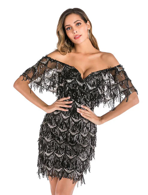 Sheath / Column Short Mini Party Dresses Flapper Dress Party Wear Valentine's Day Short Sleeve Off Shoulder Sequined Backless with Sequin Tiered