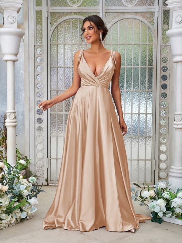A-Line/Princess Silk like Satin Ruffles V-neck Sleeveless Sweep/Brush Train Bridesmaid Dresses