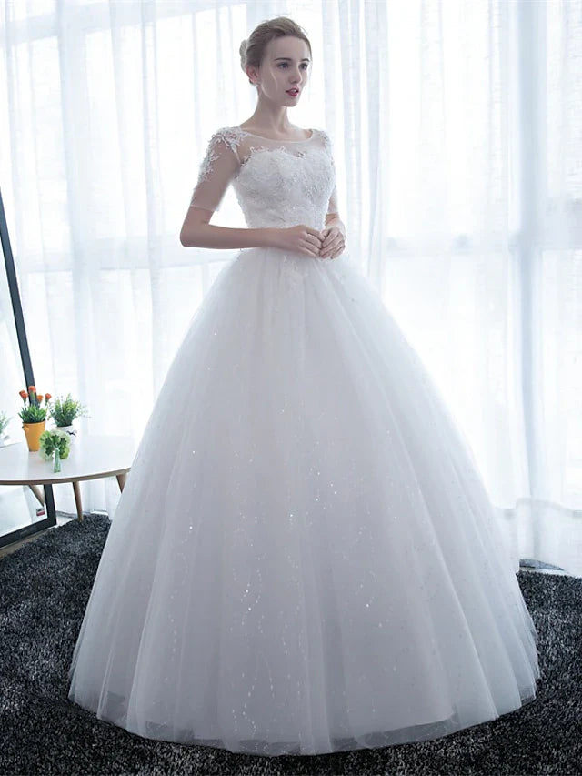 Engagement Formal Wedding Dresses Floor Length Ball Gown Half Sleeve Illusion Neck Satin With Lace