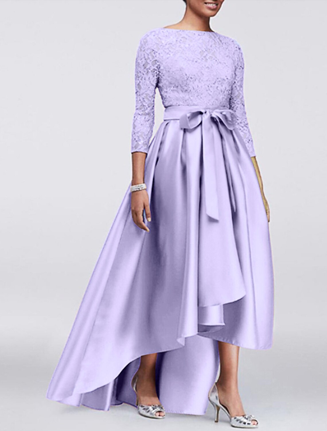 A-Line Wedding Guest Dress Plus Size Satin Lace 3/4 Length Sleeve Mother of the Bride Dress High Low Jewel Neck Asymmetrical Dress  with Sash / Ribbon Appliques
