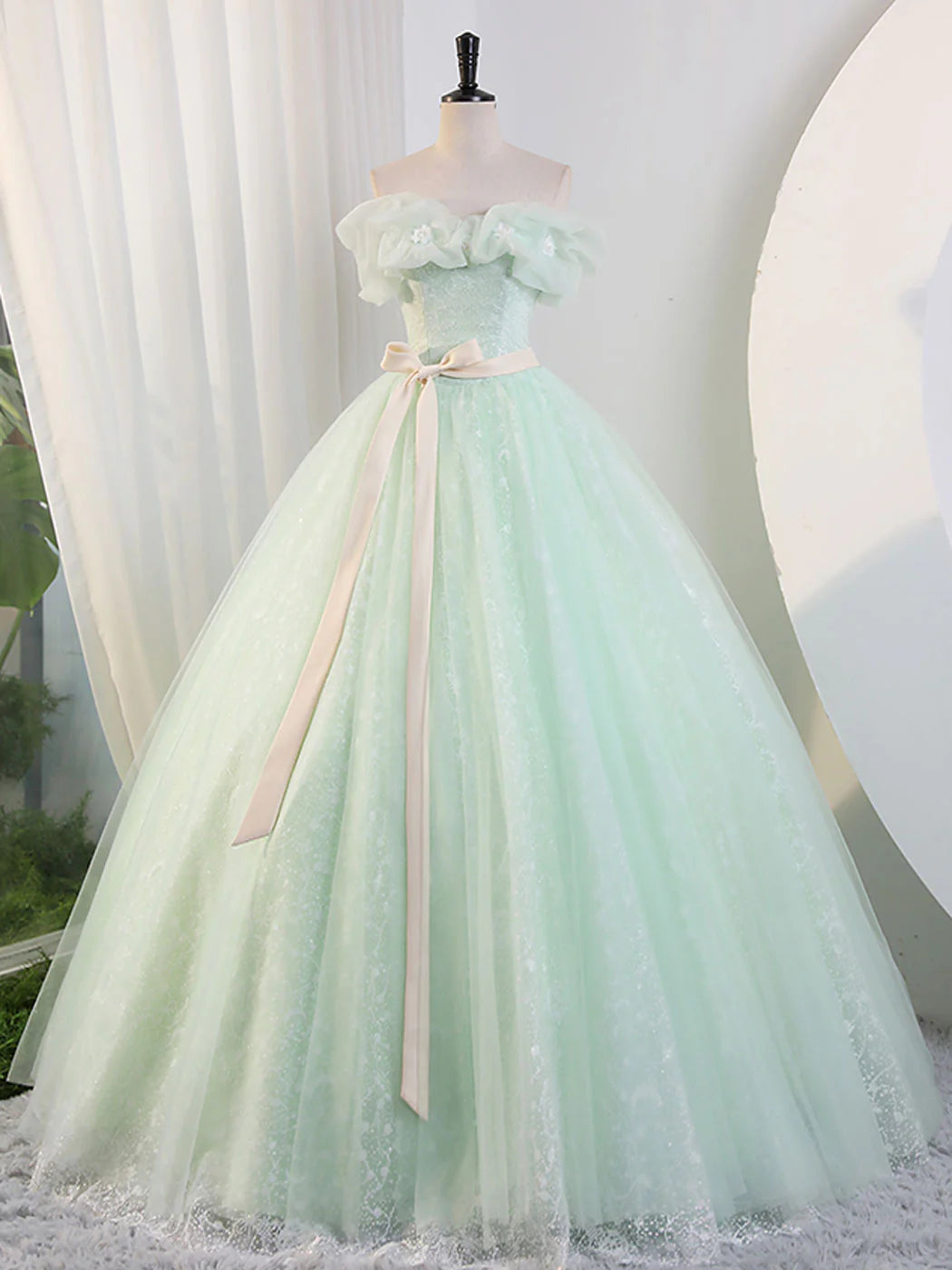 A-Line Ball Gown Quinceanera Dresses Princess Dress Off Shoulder Green Long Prom Dress, Green Sweet Dress