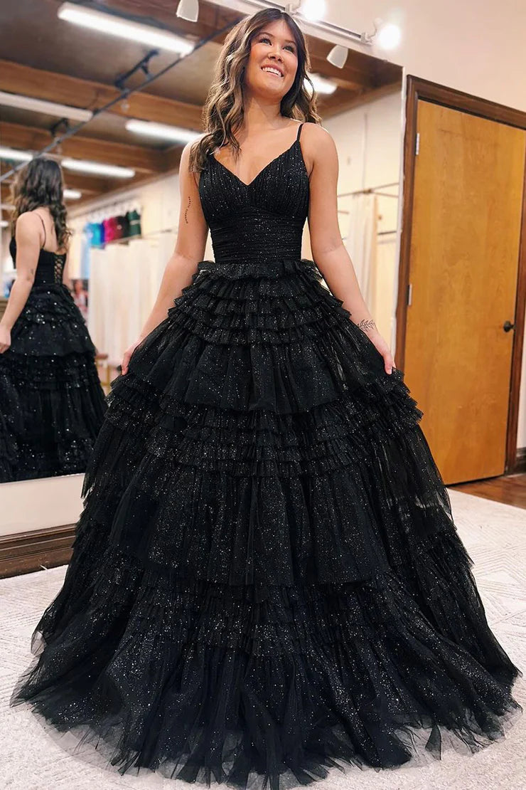 A Line  Ball Gown V Neck Sparkly Black Tulle Long Prom Dresses