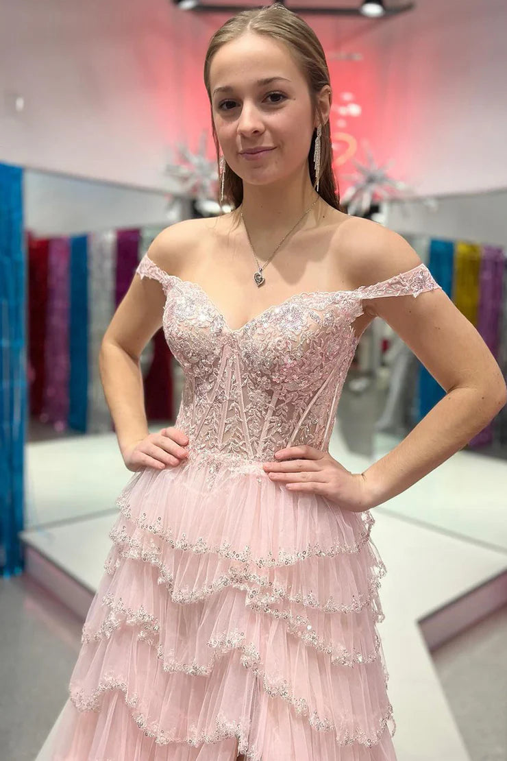 A Line Princess Sweetheart Tulle Tiered Long Prom Dresses with Beading