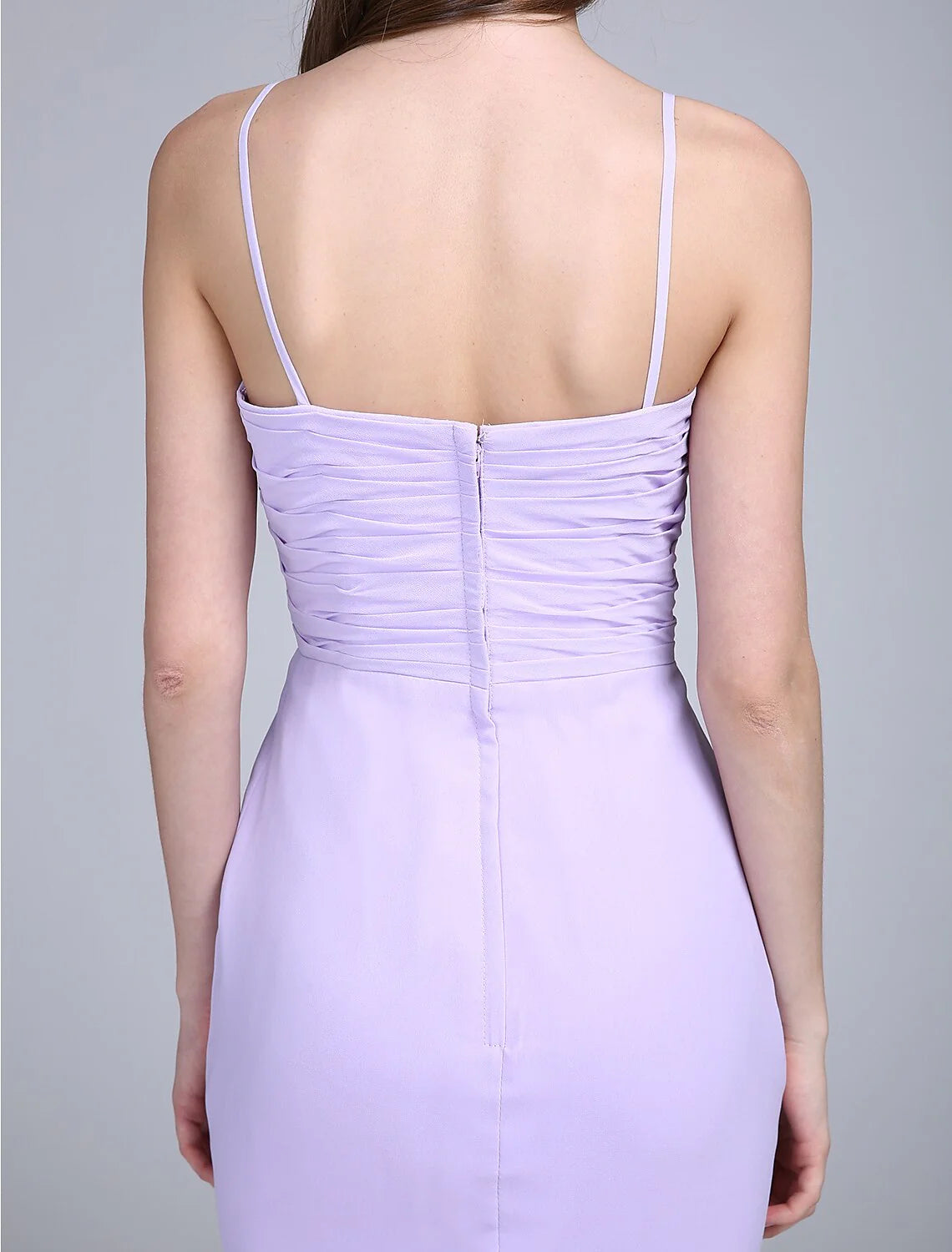 Fit & Flare Bridesmaid Dress Spaghetti Strap Sleeveless Elegant Floor Length Chiffon with Ruched Solid Color