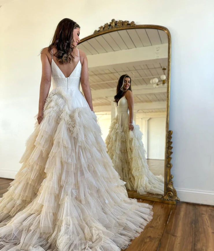 Ball Gown Spaghetti Straps V Neck Champagne Tulle Long Prom Dresses