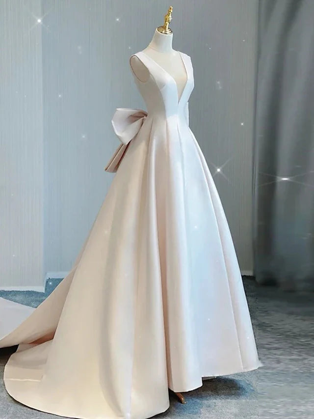 Hall Casual Wedding Dresses Court Train A-Line Sleeveless V Neck Satin With Bow(s) Pleats 2023 Bridal