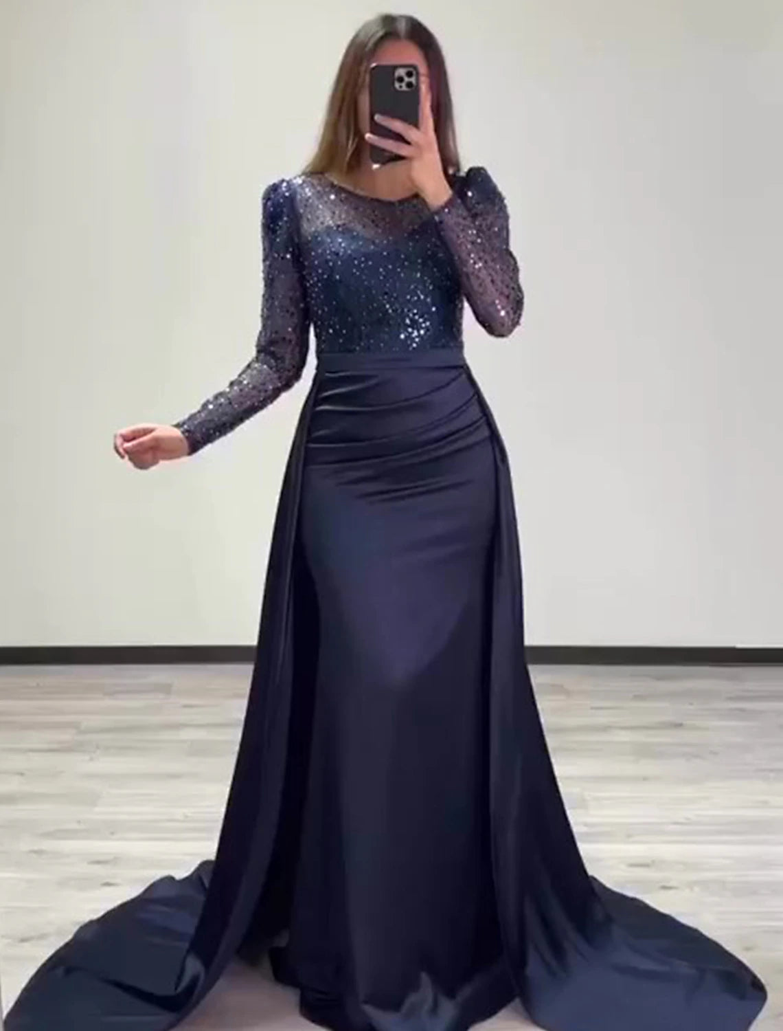 Mermaid Sequin Evening Gown Ruched Satin Dress Long Sleeves Floor Length Sparkle Illusion Neck Prom Wedding Guest Dress with Overskirt