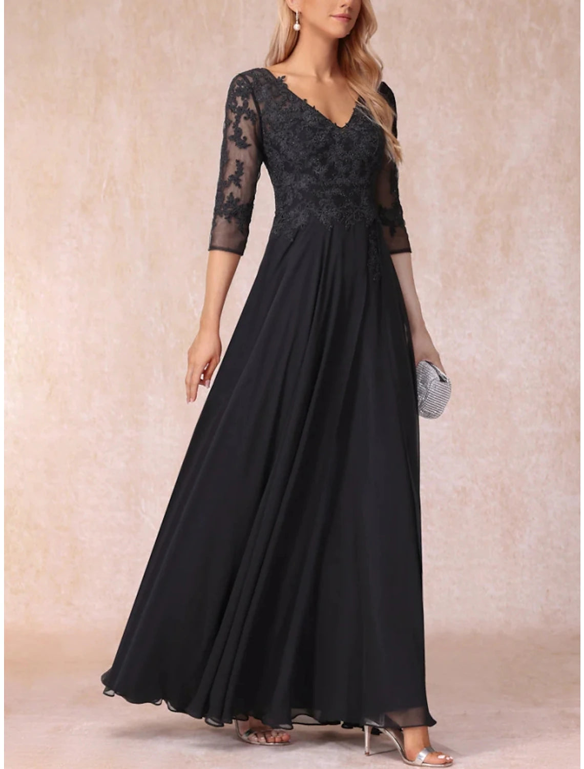 A-Line  V Neck Floor Length Wedding Guest Party Dress Chiffon Lace 3/4 Length Sleeve Mother of the Bride Dress with Ruching