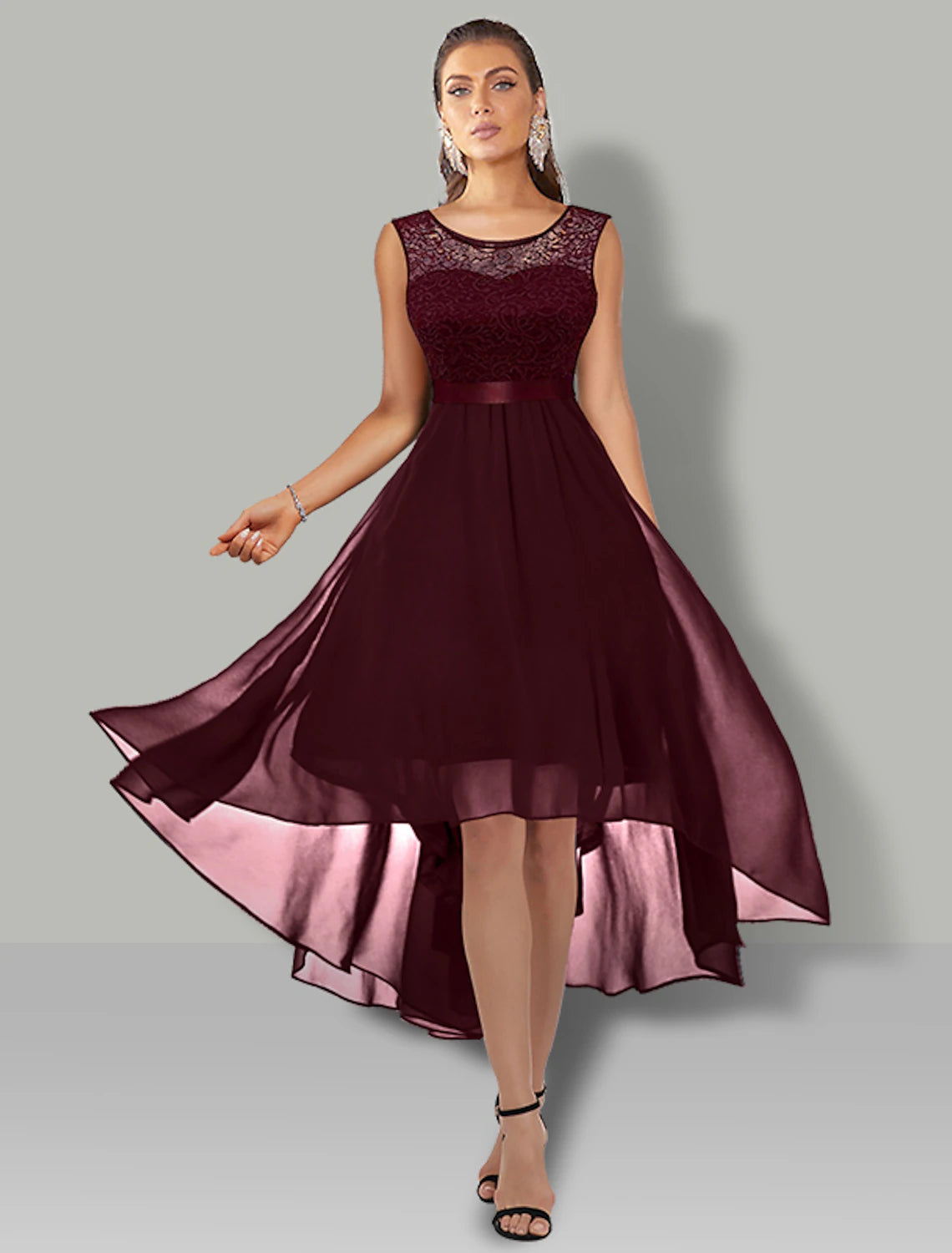 A-Line Cocktail Dresses Elegant Dress Wedding Guest Party Wear Asymmetrical Sleeveless Jewel Neck Chiffon with Pleats Lace Insert Pure Color