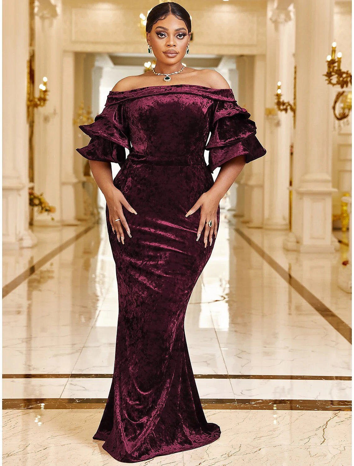 Mermaid / Trumpet Wedding Guest Dresses Plus Size Dress Cocktail Party Sweep / Brush Train Half Sleeve Off Shoulder Velvet with Ruffles