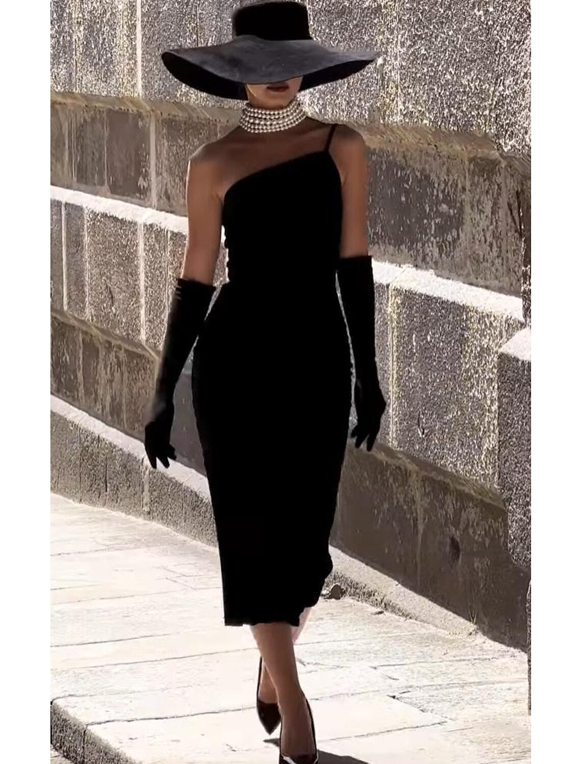 Sheath / Column Cocktail Black Dress Vintage Dress Halloween Party Wear Tea Length Sleeveless One Shoulder No With Gloves