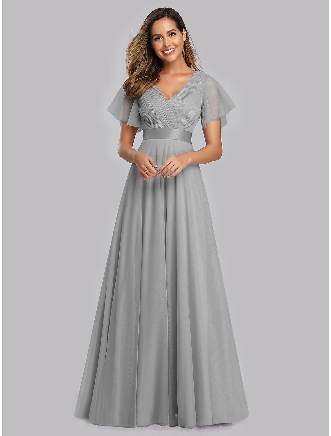 A-Line Evening Gown Empire Dress Wedding Guest Prom Floor Length Short Sleeve V Neck Bridesmaid Dress Chiffon V Back with Pleats Ruched