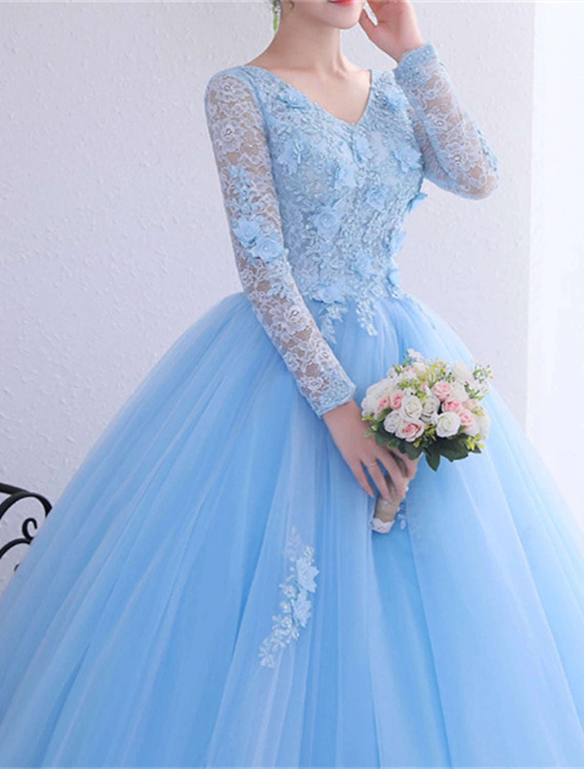 Ball Gown Princess Dress Performance Quinceanera Floor Length Long Sleeve V Neck Polyester with Crystals Appliques