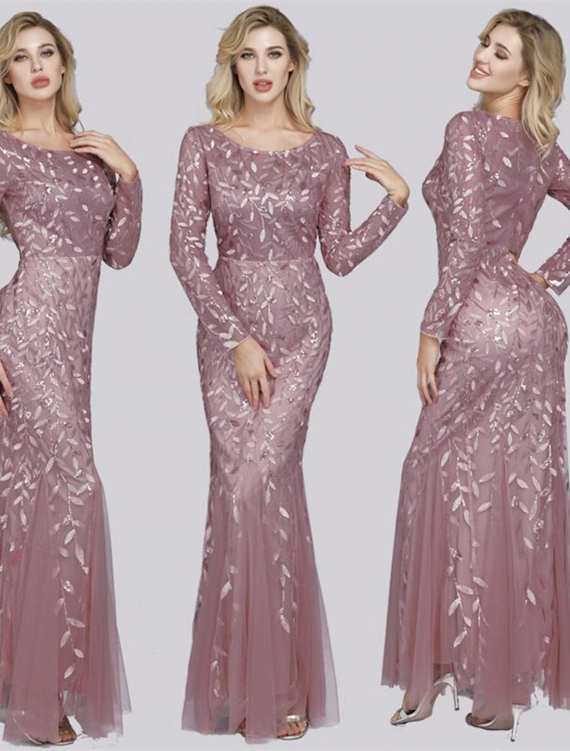 Mermaid / Trumpet Empire Elegant Party Wear Formal Evening Valentine's Day Dress Jewel Neck Long Sleeve Floor Length Tulle with Embroidery / Illusion Sleeve