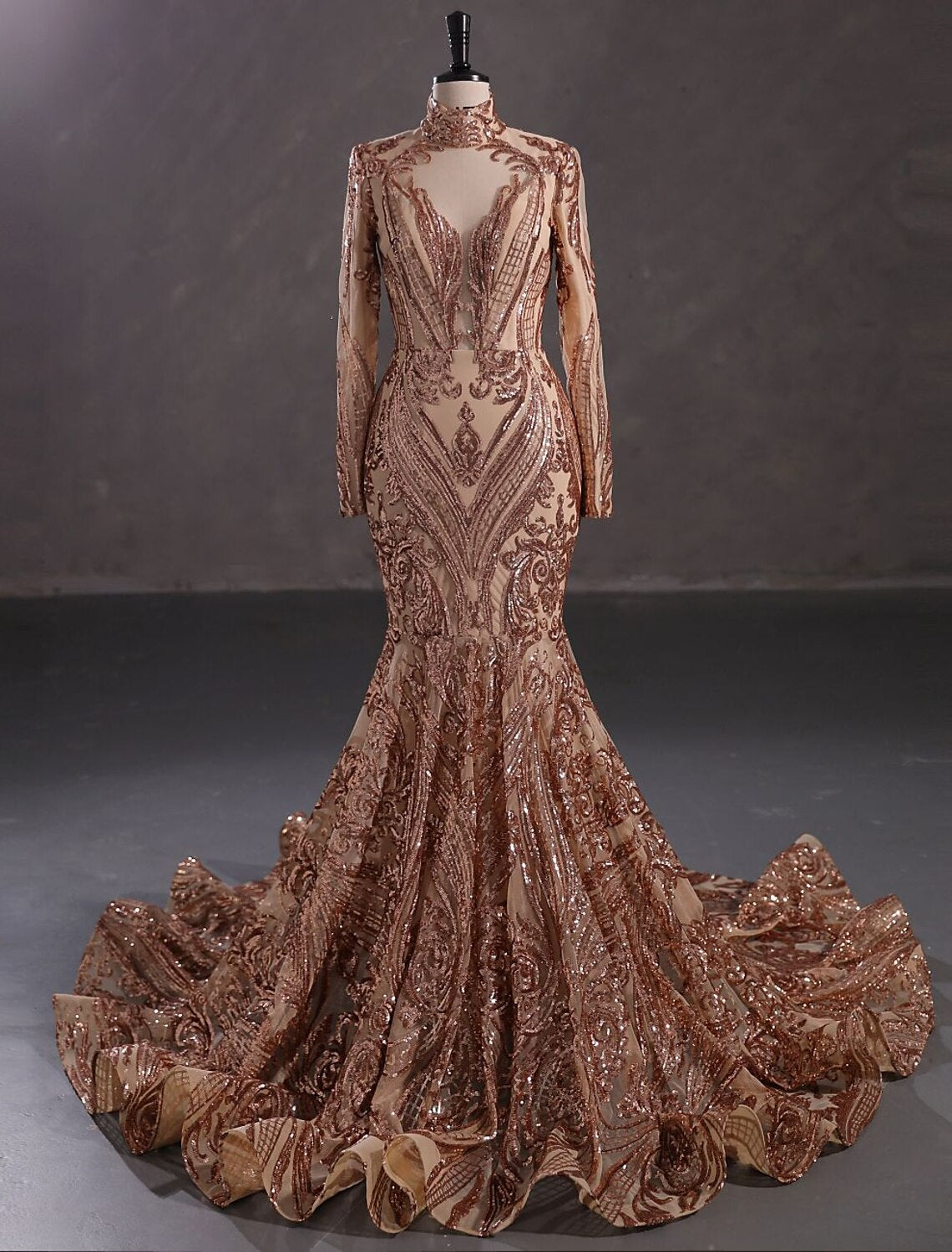 Mermaid Party Dress Evening Gown Sparkle & Shine Dress Carnival Christmas Red Green Dress Court Train Long Sleeve Stand Collar Lace with Sequin