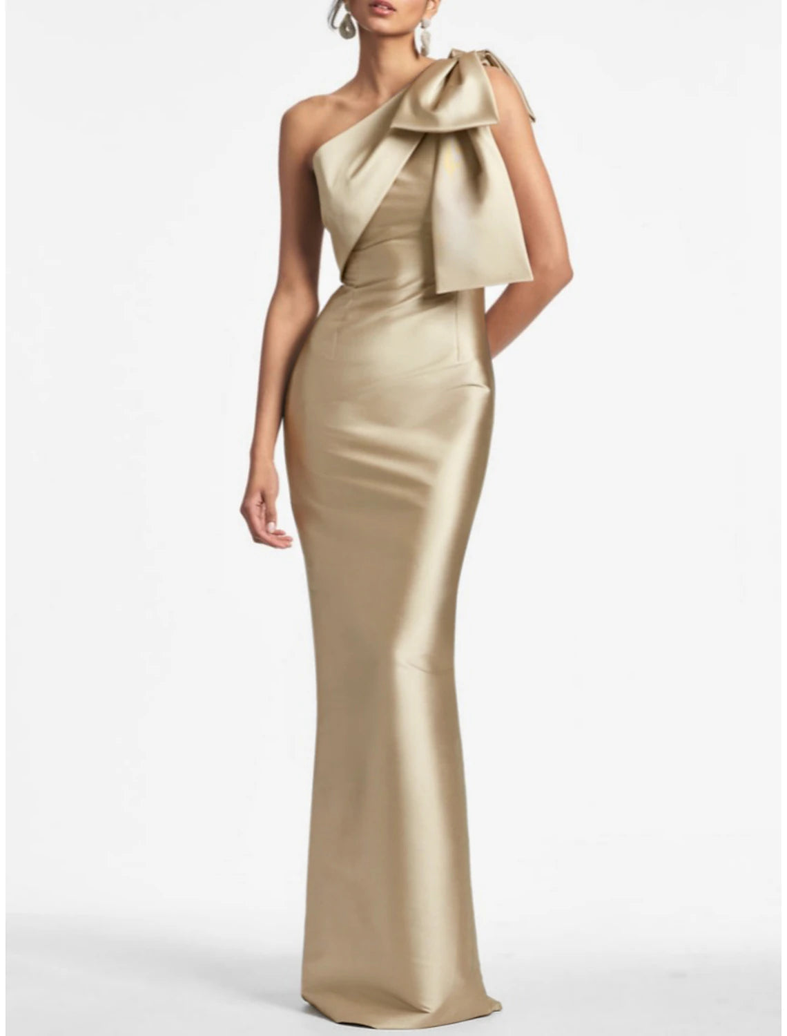 Sheath Mermaid Sleeveless Evening Gown One Shoulder Ankle Length Satin Party Dress With Bow Slit