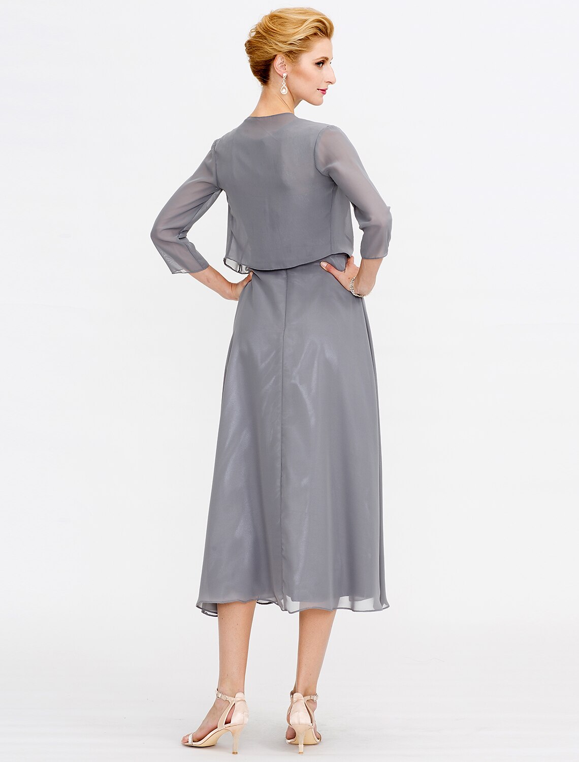 A-Line Mother of the Bride Dress Wedding Guest Elegant Plus Size Illusion Neck Tea Length Chiffon Corded Lace Sleeveless Wrap Included with Lace Pleats